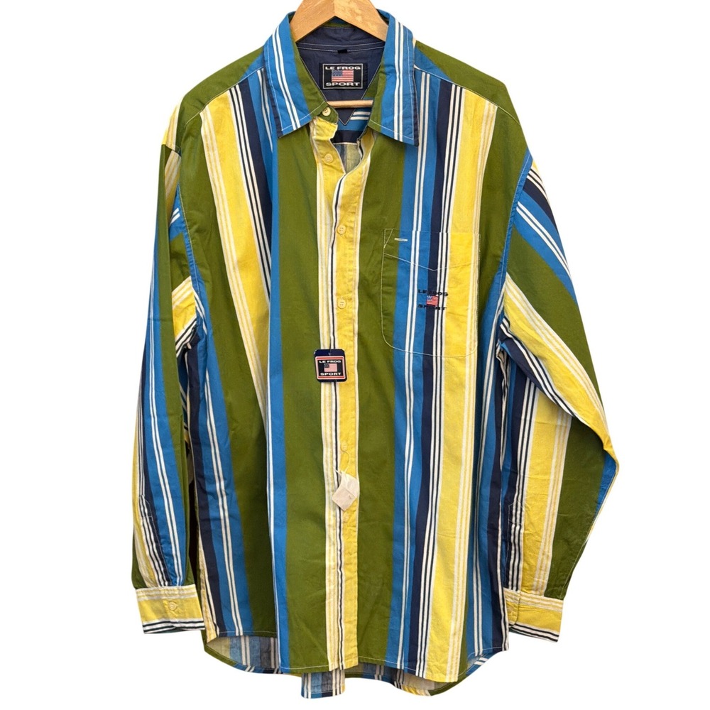 90s Le Frog Sport Button Down Shirt Retro Sporty Colorblock Preppy Americana